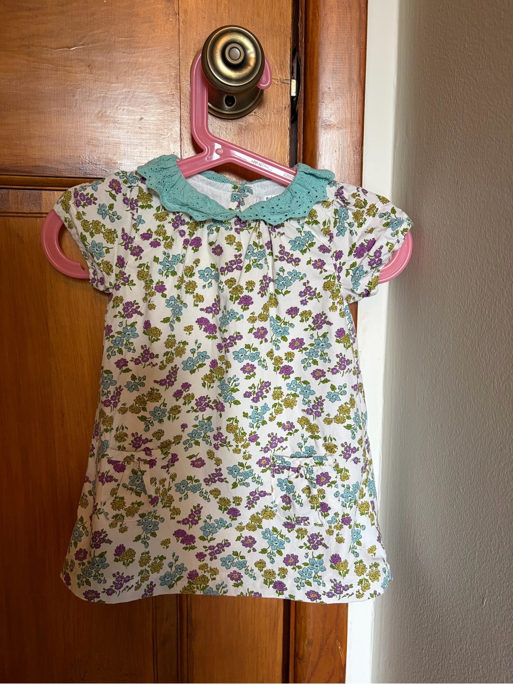 Baby Boden White Floral Dress with Purple, Teal and Olive Flowers